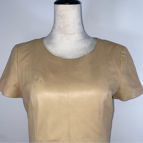DKNY 100% lambs skin peplum short sleeve top size 6 tan - Picture 5 of 11